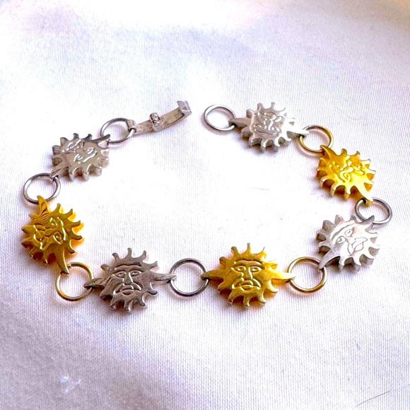 ☀️Vintage Stylish Mexican .925 Sterling Silver Two Tone Sun Motif Bracelet ☀️ - Picture 6 of 16